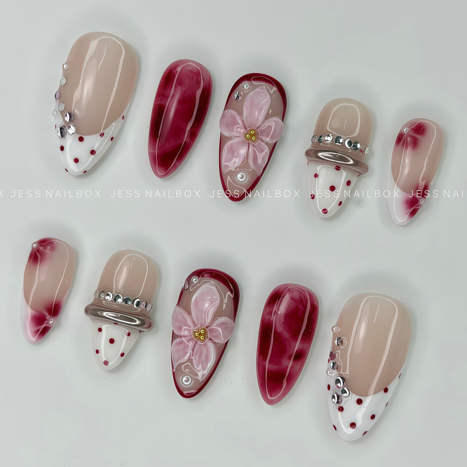 Bordeaux Flora press-on nails by Jess Nailbox